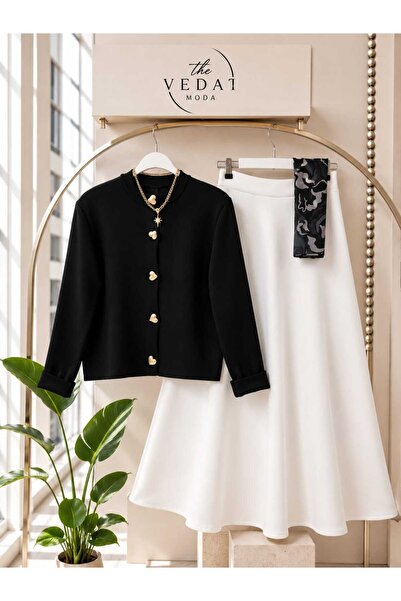 MODA VEDAT Women's Knitwear Cardigan - Puff Scuba Skirt Suit Black-White