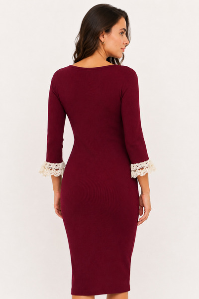 Sienza Rochie midi de damă, bordeaux, cu mâneci și detalii din dantelă