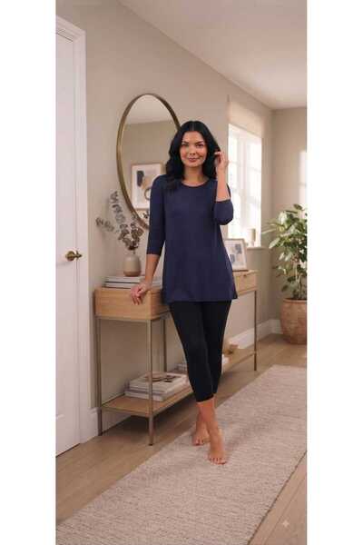 ModaLeaf Women's Navy Blue Capri Sleeve Cotton Crew Neck Combed Tunic Ysn-1
