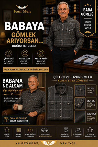 Beyome Erkek %100 Pamuk Uzun Kollu Çift Cepli Kareli Gömlek Rahat Kalıp Büyük...