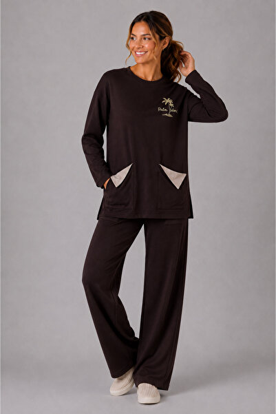 Sortie Women's Pockets Leather Garnished Printed Brown Tracksuit Set