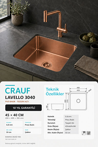 Crauf Lavello 3040 Royal Bronze (PVD Bakır) Tezgah Altı Paslanmaz Çelik Mutfa...