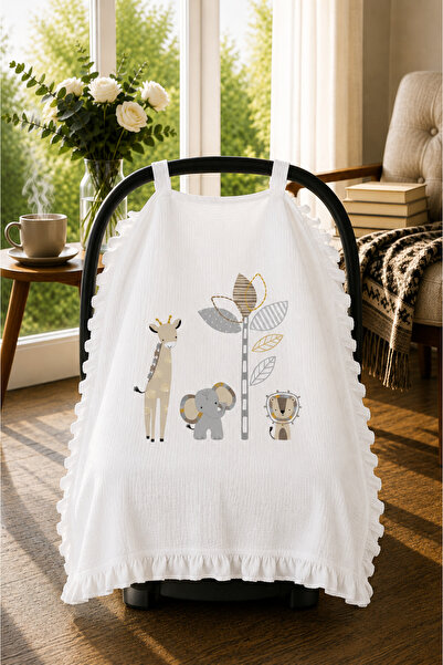bebeqon 100% Muslin Baby Stroller Cover with Ruffles and Cute Animals Pattern...