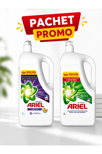 Ariel 2×5L Detergent lichid, Dero lichid, 2×100 spalari, Detergent rufe albe ...