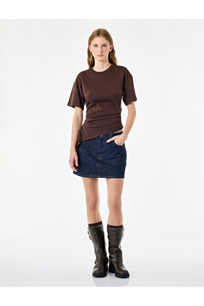 Koton Asymmetrical Cut Cotton Drawstring Crew Neck Short Sleeve T-Shirt