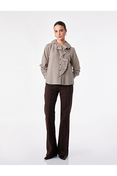 Koton Regular Fit Long Sleeve Ruffled Peter Pan Collar Gingham Shirt