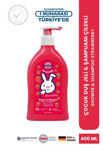 Sanosan Çilekli Çocuk Şampuanı ve Duş Jeli 400 ml - Doğal Süt Proteinli Göz Y...
