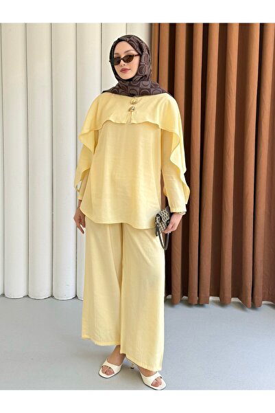 Modaensarbutik Zarif Pelerin Detaylı Gold Düğmeli Tesettür Pantolon Takım-SARI