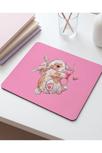 matizya Sevimli Tavşan Melek Mousepad – Pembe Arka Planlı Estetik Tasarım, Di...