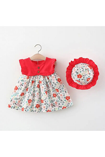 Little Dress Rochie roșie cu flori și pălărie asortată