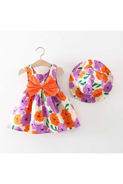 Little Dress Rochie de vacanță cu flori, fundă portocalie și pălărie asortată...