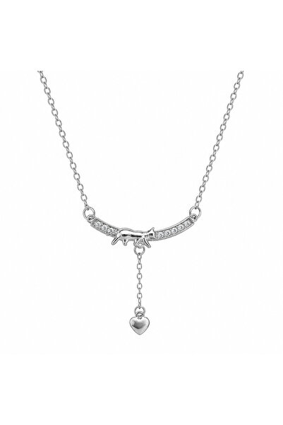 Yuchicly Cat Pattern Necklace Stainless Steel with Heart Detail