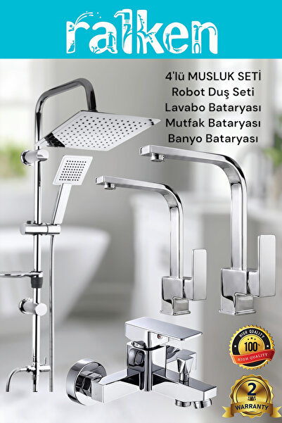 RALKEN 4’lü Batarya Seti Krom Pirinç Kare Banyo Lavabo Mutfak Eviye Musluğu Y...