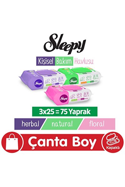 Sleepy Natural + Floral + Herbal Kişisel Bakım Havlusu Çanta Boy 3x25 (75 Yap...