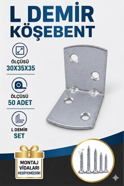 Badem10 L Demir Köşebent Oval Başlı 30x35x35 mm 50 Adet Set Dayanıklı Demir B...