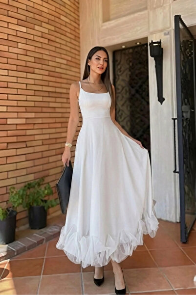 ALFUDO Moda Collection Γυναικείο Λευκό Τούλινο Φόρεμα με Λεπτομέρειες και Τιρ...