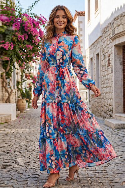 benguen Patterned Hijab Jessica Dress B605 Navy Blue