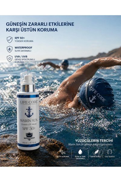 LİFE CODE Marin Sun Sunscreen 50 Spf Waterproof Luxury Uv Shield Water-Resistant 200 ml