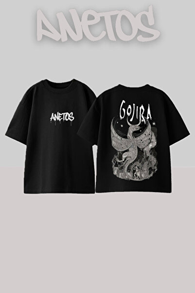 Anetos Tricou oversize negru din bumbac cu imprimeu pe spate Gojira Dragon De...