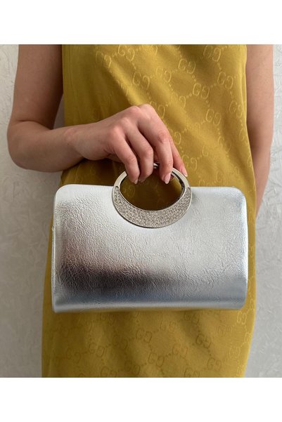 she poly Women's Silver Ring Handle Evening Dress Clutch Bag