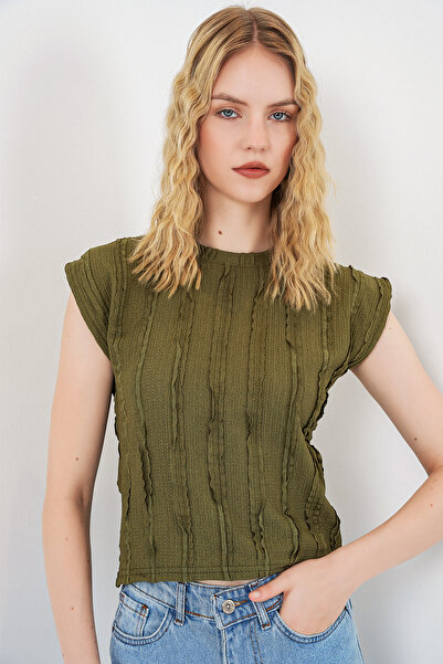 Bigdart Γυναικεία πλεκτή ελαστική μπλούζα με υφή και μηδενικά μανίκια 991 - Χακί