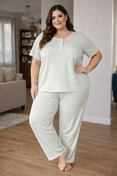BALİS PİJAMA Plus Size Cotton Buttoned Patterned Pajama Set with Stretchy Tex...