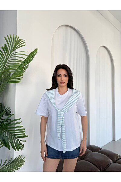 NEW JOURNAL Γυναικείο μπλουζάκι με λεπτομέρεια σάλι σε μπλε-λευκό χρώμα, μεγά...