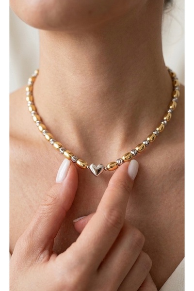 Glowisters Jewelry Kadın Çelik İki Renk (Gold-Gümüş) Boncuklu Minimal Kalp Fi...