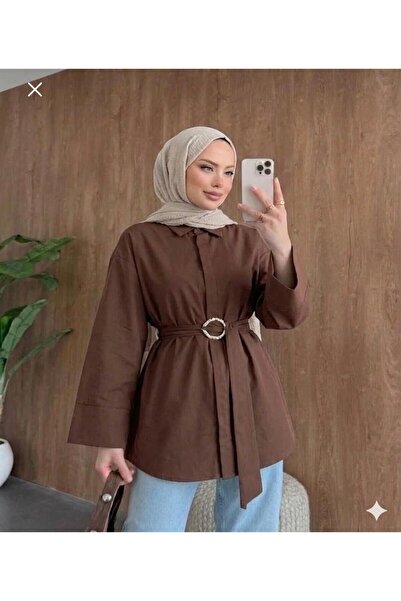 KILIF STORE dokuma kumaş uzun kuşaklı gömlek kadın toka detaylı rahat kesim ş...