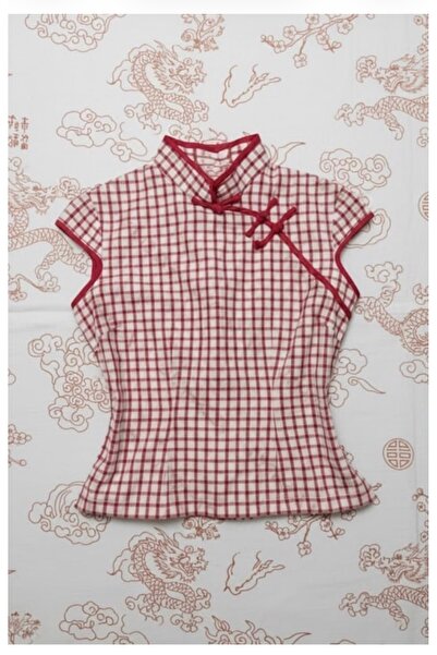 Köstebek Red White Plaid Checkered Qipao Style Chinese Collar Blouse