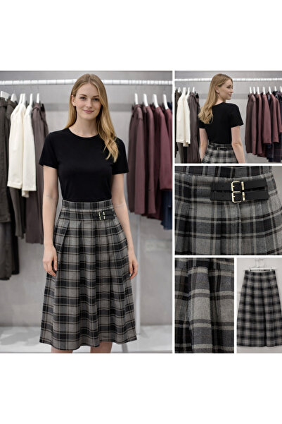MODA Gray Plaid Midi Skirt with Buckle