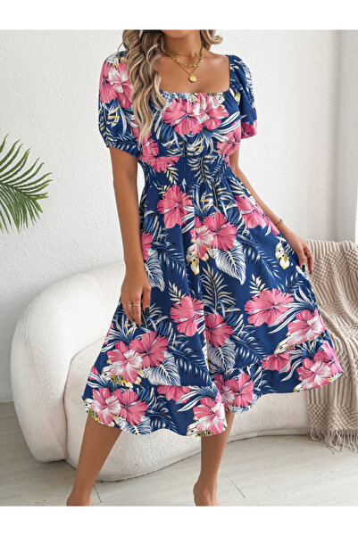 Take Two By Styli Navy Blue Floral Square Neck Midi Dress
