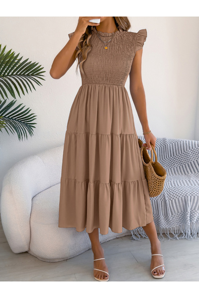 Take Two By Styli Beige Mock Neck Tiered Midi Dress