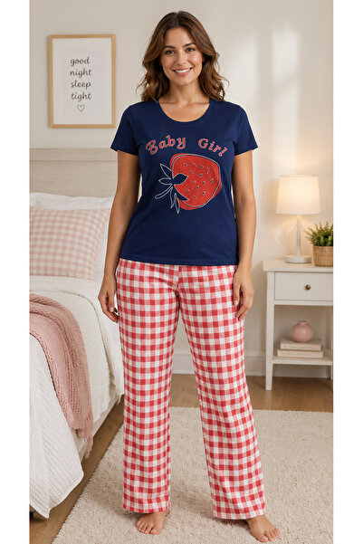 TOSKI Pijama damă bleumarin, mânecă scurtă și pantalon lung, model Baby Girl