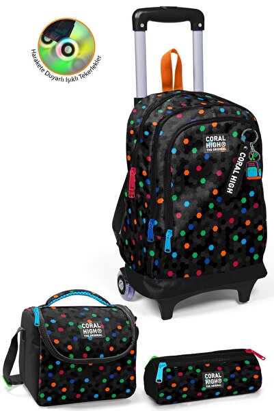Coral High Kids Black Colored Honeycomb Patterned 3-Piece Bag Set Set0134010