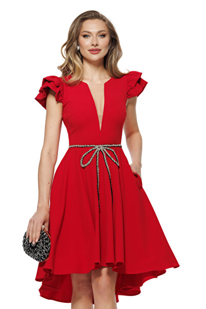 Fofy Rochie eleganta rosie cu pliuri volane si fundita din margele