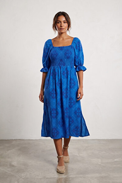 LAbute Square Neck Ribbed Detailed Slit Viscose Midi Dress