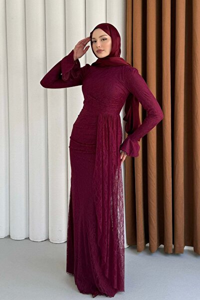 Modaensarbutik Elegance Dantel ve Volan Detaylı Tesettür Abiye-BORDO