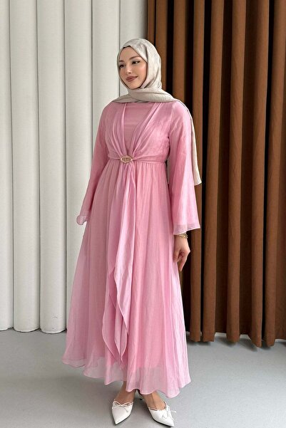 Modaensarbutik Modal Gold Broş Detaylı Tesettür Elbise-PEMBE
