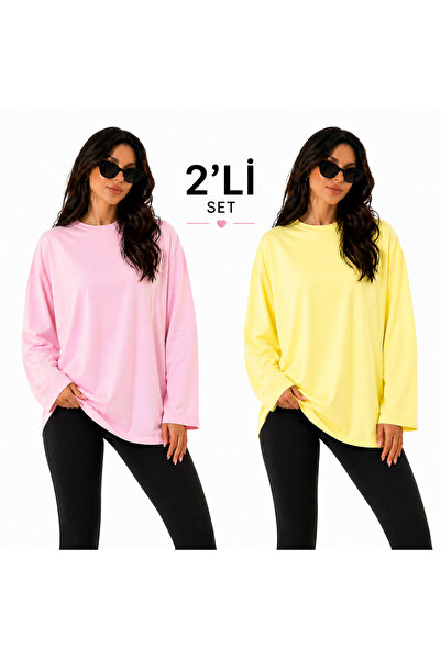 ELİSSE Kadın 2’li Set Oversize Basic Uzun Kollu Tişört Pembe Sarı Salaş Rahat...
