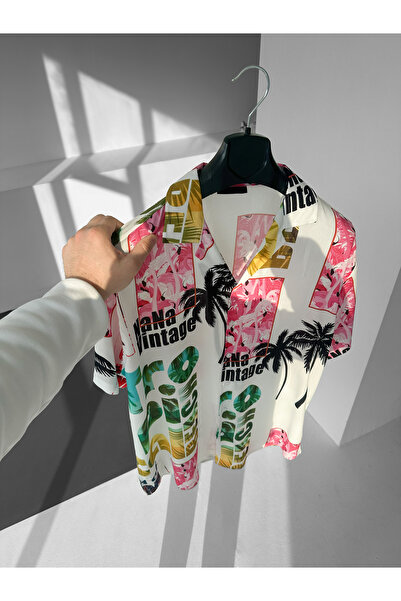 NO1 KONSEPT Flamingo and Palm Tree Patterned Tropical Cuban Collar Shirt