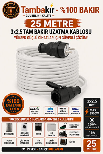 inwatt 25 Metre - 3x2,5 mm %100 Tam Bakır Uzatma Kablosu | Tekli Kauçuk Fiş |...
