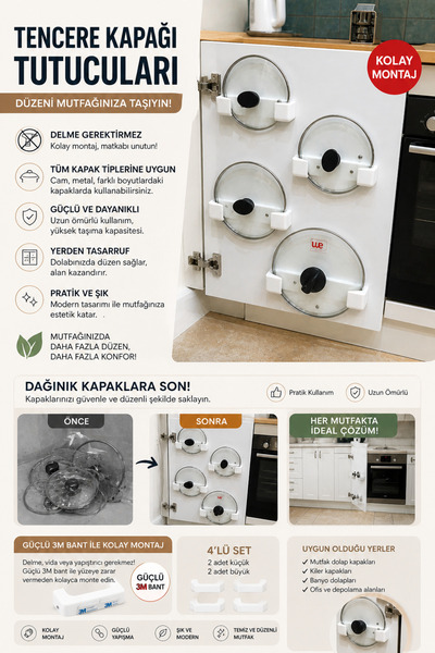edoy Tencere Kapağı Tutucu 4’lü Set | Delme Gerektirmez Güçlü 3M Bantlı Dolap İçi Organizer