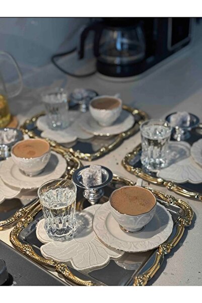 2Ddesign 6 lı Paslanmaz Çelik - Gümüş Renk Gold Çerçeveli -Kahve Sunum Tepsisi