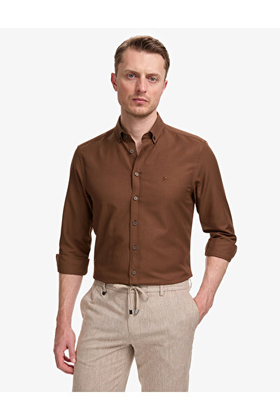 Pierre Cardin Σκούρο καφέ πουκάμισο Oxford Slim Fit που σιδερώνεται εύκολα 50...