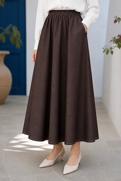 İmajButik تنورة بنية اللون بخصر مطاطي وجيوب