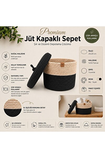 Fabrix Home Bej - Siyah %100 Pamuk Kapaklı Organizer Sepet 20x30 cm | Dekorat...