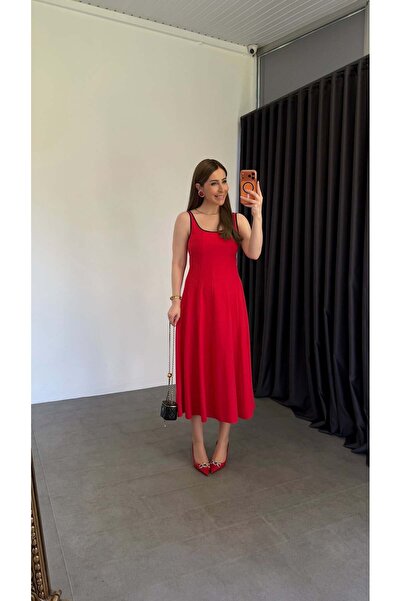 elif teke Biye Model Keten Elbise Kırmızı