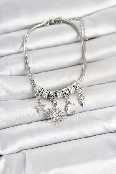 Clariss Brass Silver Color Day and Night Themed Women's Bracelet with Charms