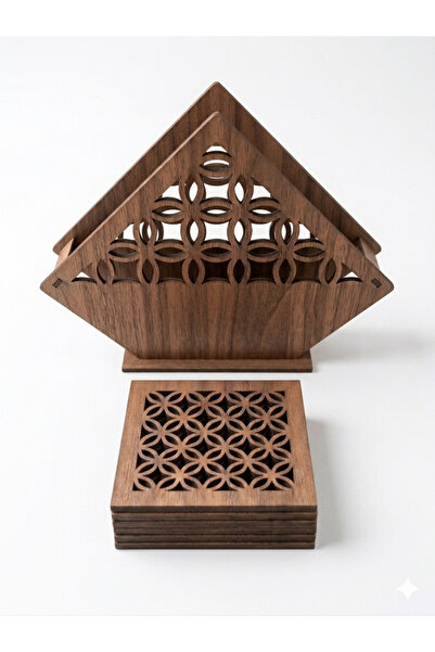 AS TASARIM LAZER Decorative Wooden Napkin Holder and Set of 6 Coasters